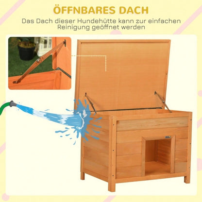 PawHut Hundehütte Outdoor aus Holz, mit aufklappbarem Asphaltdach & wasserdicht, erhöhter Boden, für kleine Hunde, gelb, 82x58x58 cm