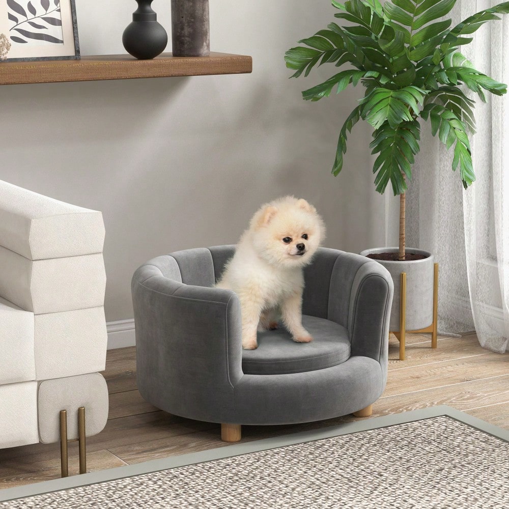 PawHut Hundesofa mit waschbarem Bezug, Kuschelsofa für Hunde bis 45 kg mit Rückenlehne & Holzbeinen, grau