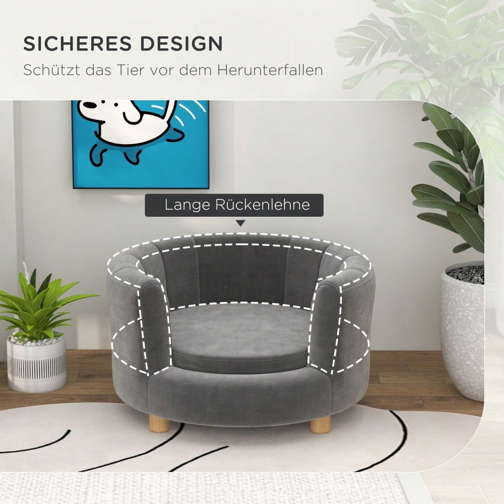PawHut Hundesofa mit waschbarem Bezug, Kuschelsofa für Hunde bis 45 kg mit Rückenlehne & Holzbeinen, grau