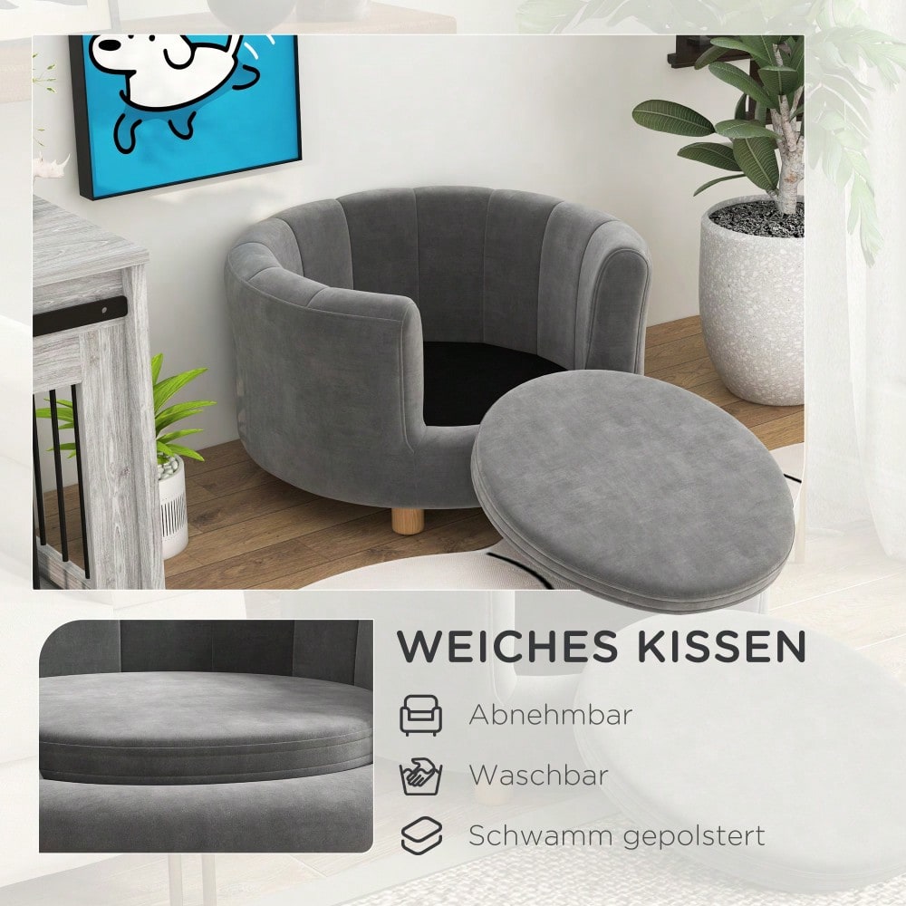 PawHut Hundesofa mit waschbarem Bezug, Kuschelsofa für Hunde bis 45 kg mit Rückenlehne & Holzbeinen, grau