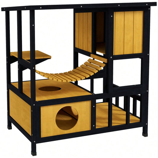 PawHut Katzenhaus aus Holz mit Hängebrücke & Balkon, wasserdichte Katzenhöhle für 1-2 Katzen bis 5 kg, gelb