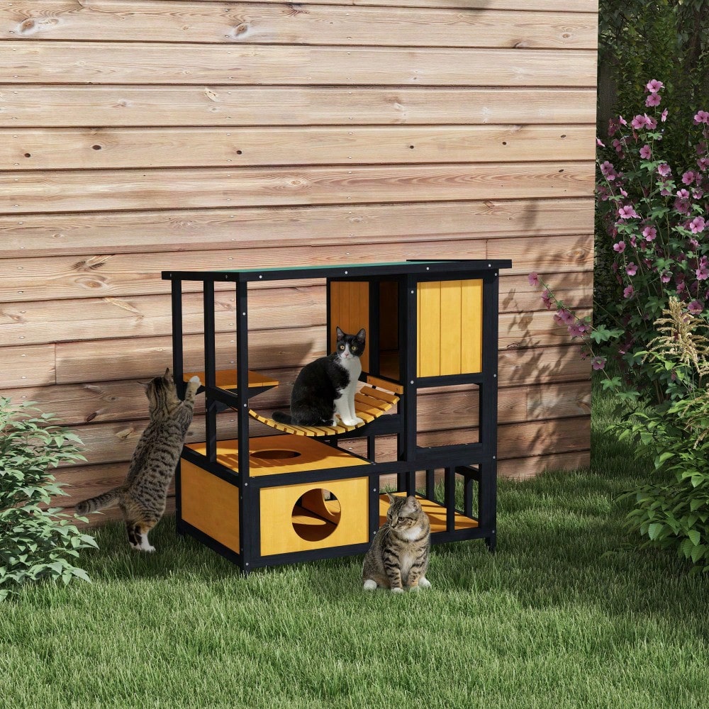 PawHut Katzenhaus aus Holz mit Hängebrücke & Balkon, wasserdichte Katzenhöhle für 1-2 Katzen bis 5 kg, gelb