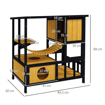 PawHut Katzenhaus aus Holz mit Hängebrücke & Balkon, wasserdichte Katzenhöhle für 1-2 Katzen bis 5 kg, gelb
