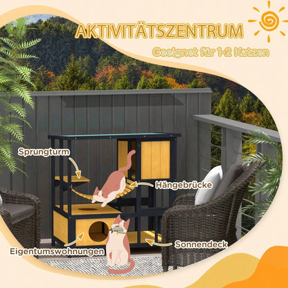 PawHut Katzenhaus aus Holz mit Hängebrücke & Balkon, wasserdichte Katzenhöhle für 1-2 Katzen bis 5 kg, gelb