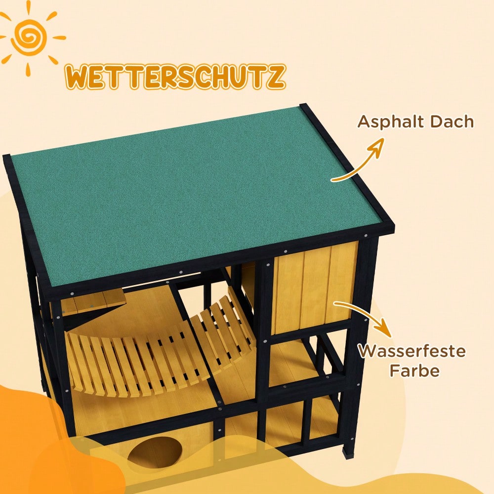 PawHut Katzenhaus aus Holz mit Hängebrücke & Balkon, wasserdichte Katzenhöhle für 1-2 Katzen bis 5 kg, gelb