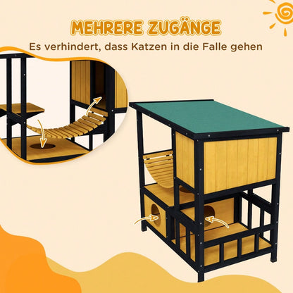 PawHut Katzenhaus aus Holz mit Hängebrücke & Balkon, wasserdichte Katzenhöhle für 1-2 Katzen bis 5 kg, gelb