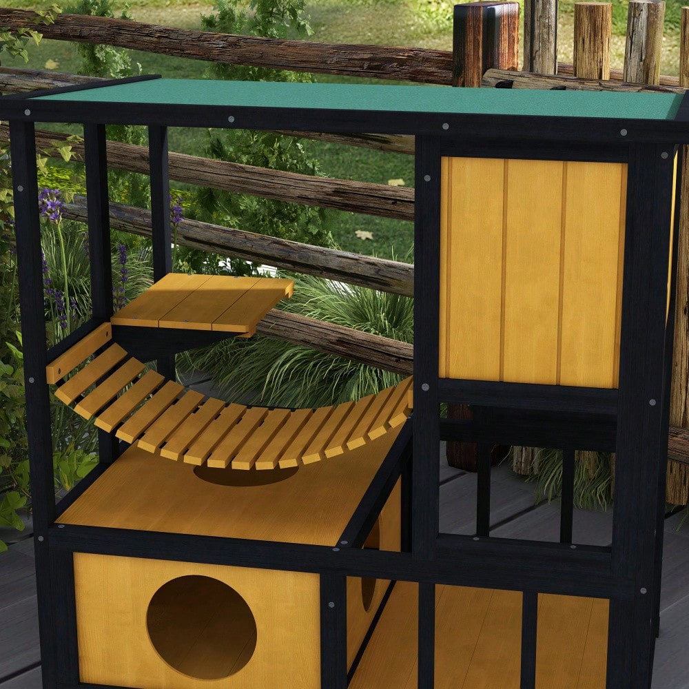 PawHut Katzenhaus aus Holz mit Hängebrücke & Balkon, wasserdichte Katzenhöhle für 1-2 Katzen bis 5 kg, gelb