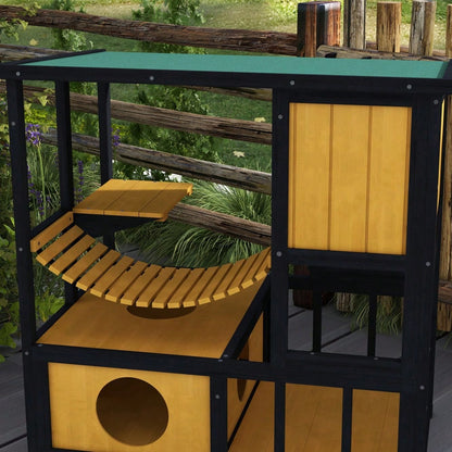 PawHut Katzenhaus aus Holz mit Hängebrücke & Balkon, wasserdichte Katzenhöhle für 1-2 Katzen bis 5 kg, gelb