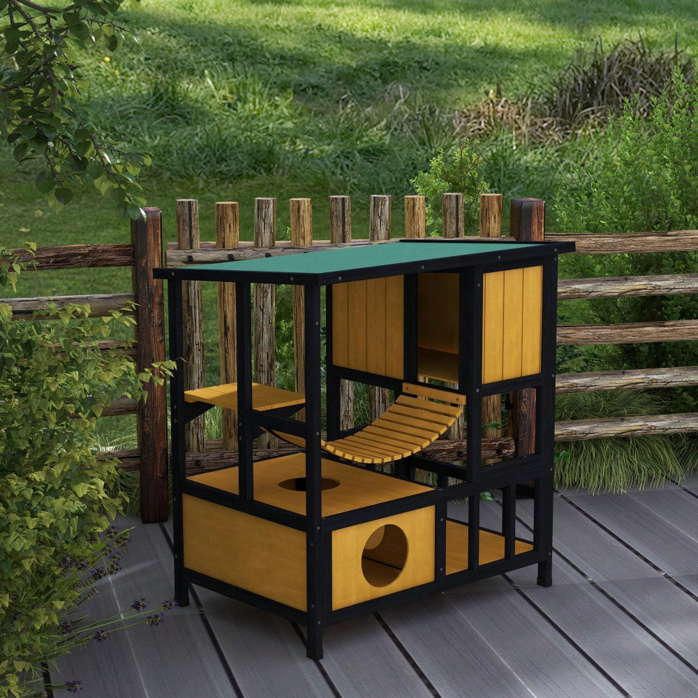 PawHut Katzenhaus aus Holz mit Hängebrücke & Balkon, wasserdichte Katzenhöhle für 1-2 Katzen bis 5 kg, gelb