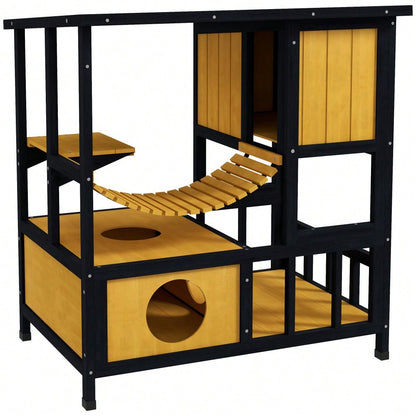 PawHut Katzenhaus aus Holz mit Hängebrücke & Balkon, wasserdichte Katzenhöhle für 1-2 Katzen bis 5 kg, gelb