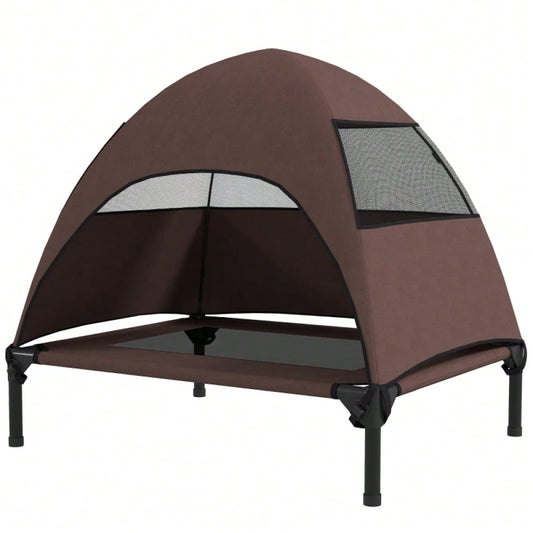 PawHut Hundebett Outdoor mit Dach, erhöhte Hundeliege für mittelgroße Hunde, wasserfest, 76x61x71 cm, kaffeebraun