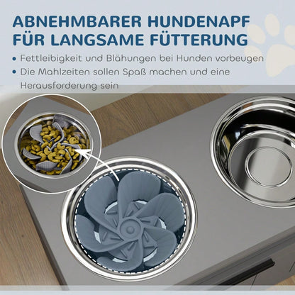 PawHut Hundefutterstation erhöht mit 2 Edelstahlschüsseln & Anti-Schling-Matte, Napfständer mit 25L Stauraum für große Hunde, grau