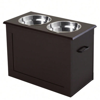 PawHut Hunde Fressnapf mit Staumraum 2 Näpfen Futterstation Edelstahlnapf Katzenapf MDF Edelstahl Espresso 60 x 30 x 41 cm