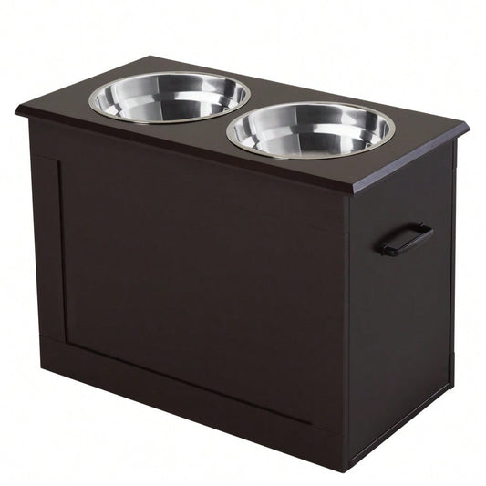 PawHut Hunde Fressnapf mit Staumraum 2 Näpfen Futterstation Edelstahlnapf Katzenapf MDF Edelstahl Espresso 60 x 30 x 41 cm