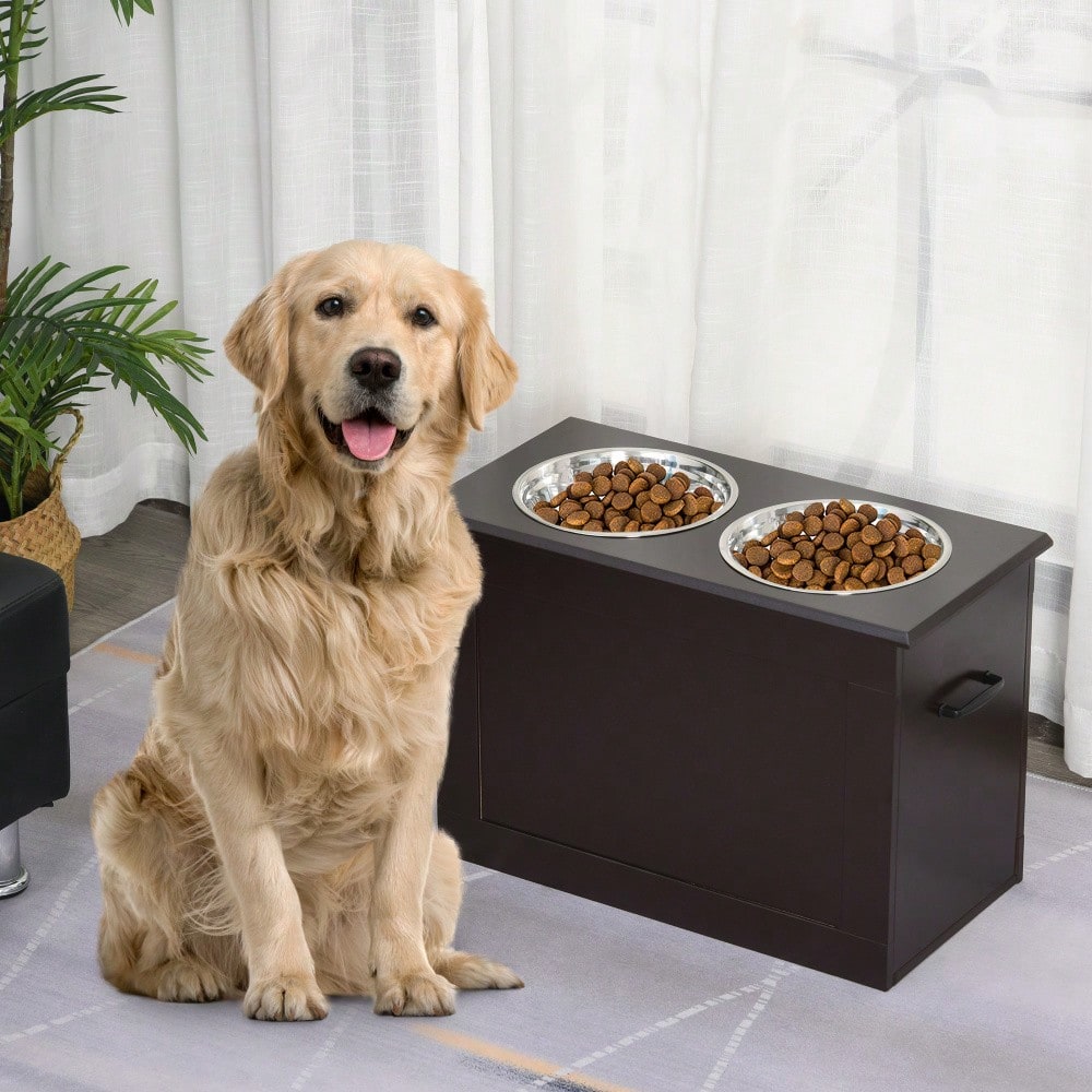 PawHut Hunde Fressnapf mit Staumraum 2 Näpfen Futterstation Edelstahlnapf Katzenapf MDF Edelstahl Espresso 60 x 30 x 41 cm
