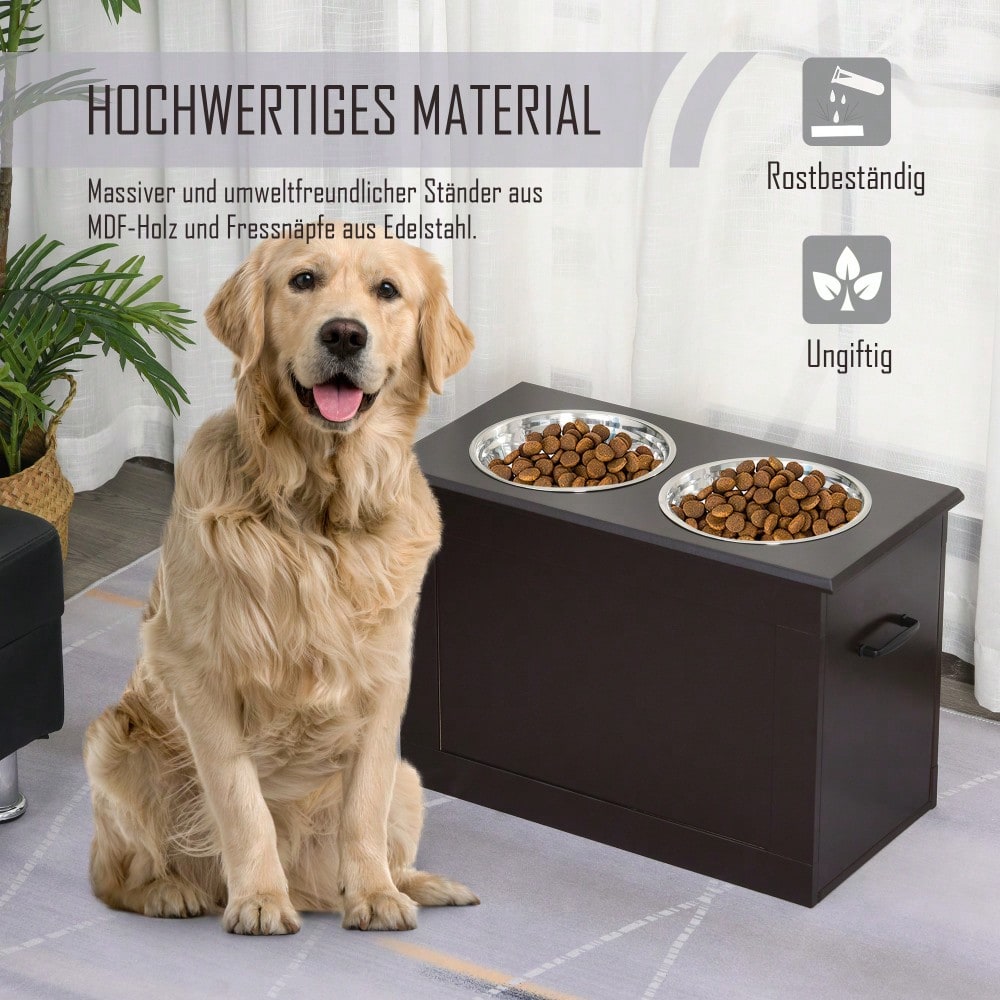 PawHut Hunde Fressnapf mit Staumraum 2 Näpfen Futterstation Edelstahlnapf Katzenapf MDF Edelstahl Espresso 60 x 30 x 41 cm