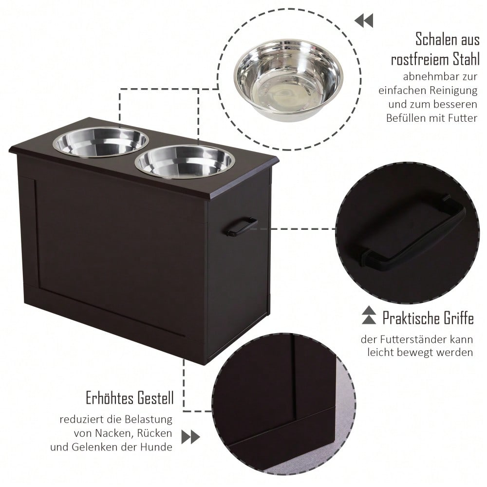 PawHut Hunde Fressnapf mit Staumraum 2 Näpfen Futterstation Edelstahlnapf Katzenapf MDF Edelstahl Espresso 60 x 30 x 41 cm