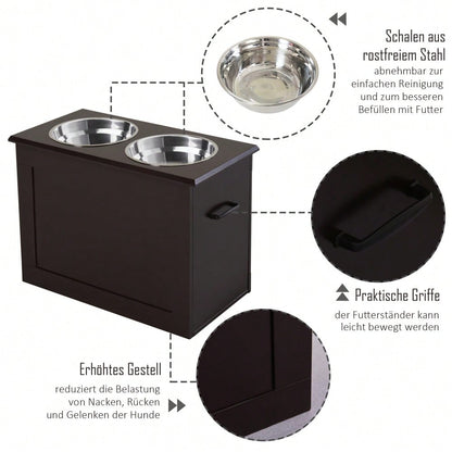 PawHut Hunde Fressnapf mit Staumraum 2 Näpfen Futterstation Edelstahlnapf Katzenapf MDF Edelstahl Espresso 60 x 30 x 41 cm