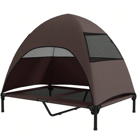 PawHut Hundebett Outdoor mit Dach, erhöhte Liege für große Hunde, wasserfest, 106x76x99 cm, kaffeebraun