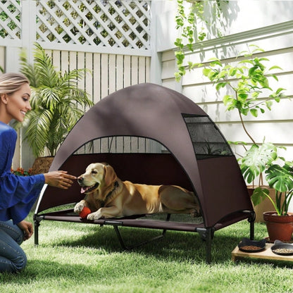 PawHut Hundebett Outdoor mit Dach, erhöhte Liege für große Hunde, wasserfest, 106x76x99 cm, kaffeebraun