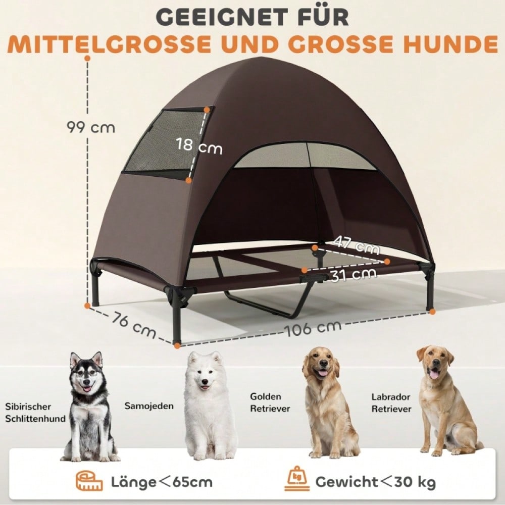 PawHut Hundebett Outdoor mit Dach, erhöhte Liege für große Hunde, wasserfest, 106x76x99 cm, kaffeebraun