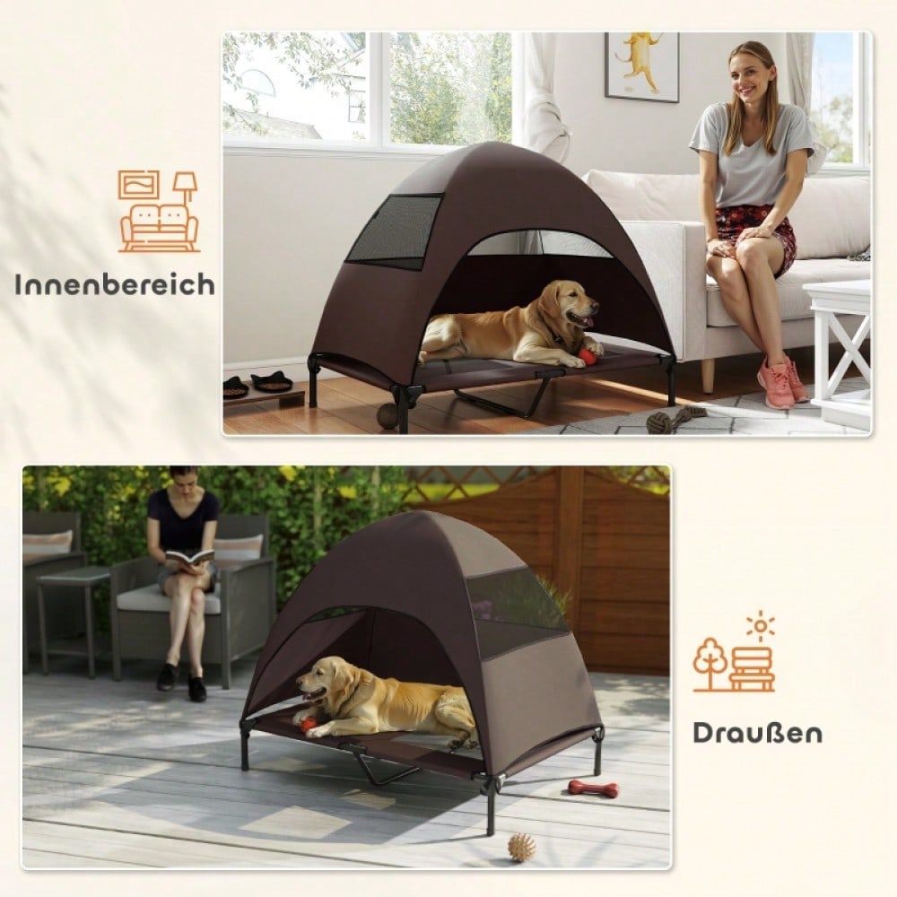 PawHut Hundebett Outdoor mit Dach, erhöhte Liege für große Hunde, wasserfest, 106x76x99 cm, kaffeebraun