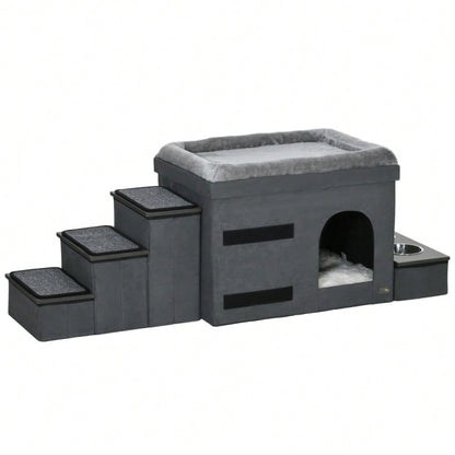 PawHut Katzenhaus mit 3 Treppen & 2 Näpfen, Katzenhöhle mit Futterstation, 70x50x51 cm, grau