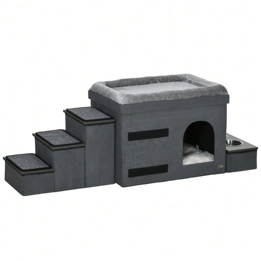 PawHut Katzenhaus mit 3 Treppen & 2 Näpfen, Katzenhöhle mit Futterstation, 70x50x51 cm, grau