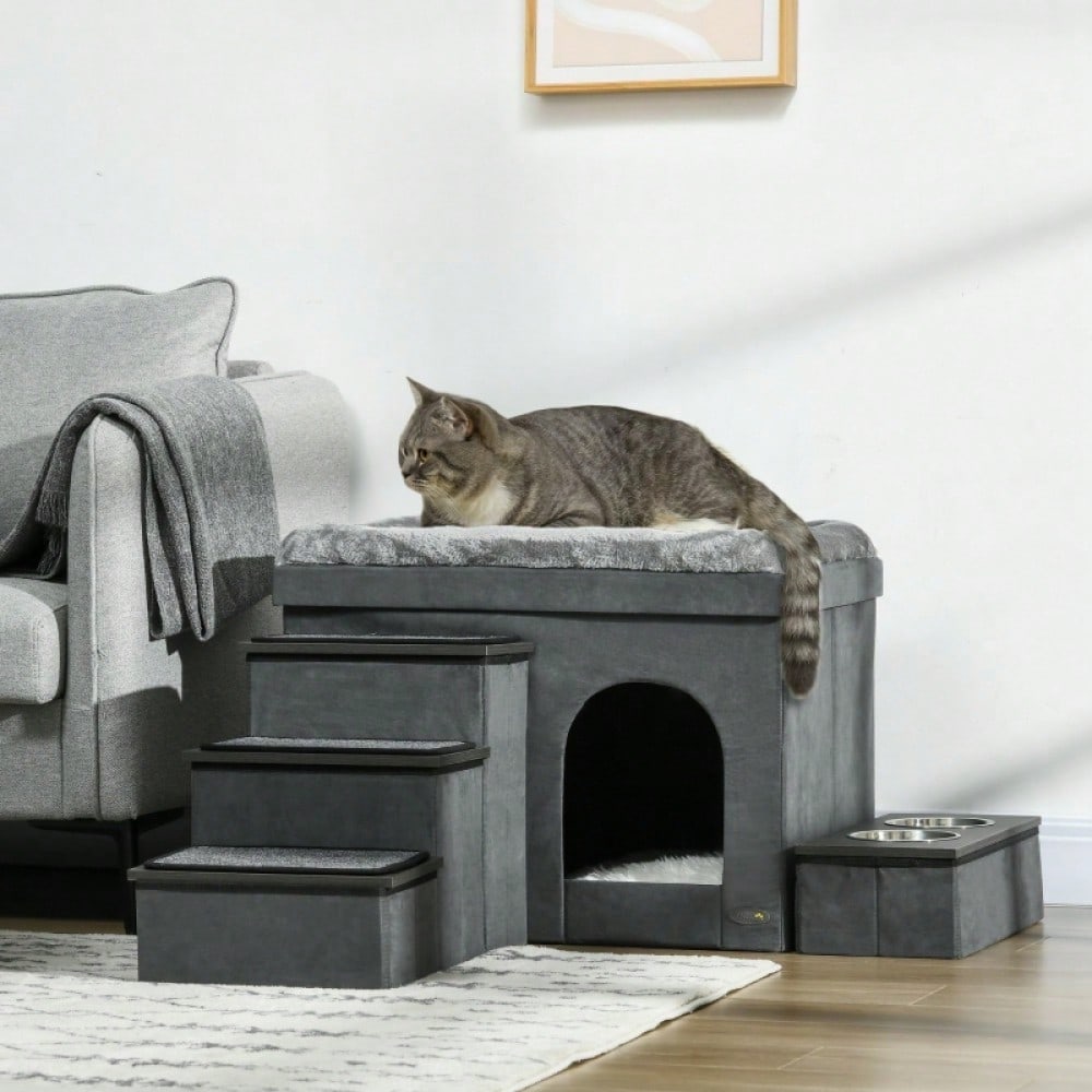 PawHut Katzenhaus mit 3 Treppen & 2 Näpfen, Katzenhöhle mit Futterstation, 70x50x51 cm, grau