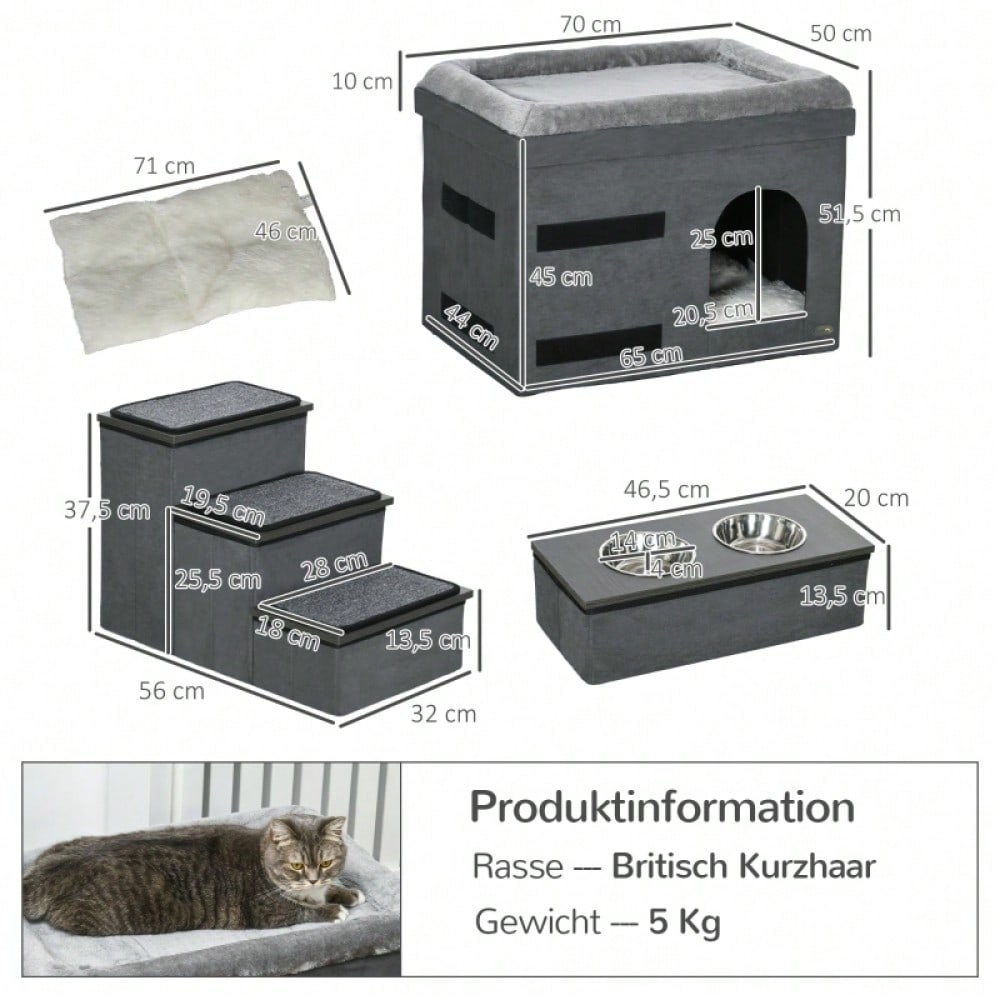 PawHut Katzenhaus mit 3 Treppen & 2 Näpfen, Katzenhöhle mit Futterstation, 70x50x51 cm, grau