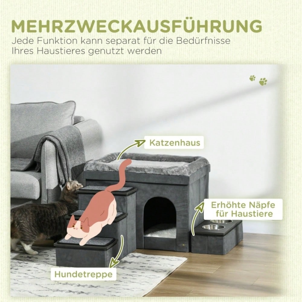 PawHut Katzenhaus mit 3 Treppen & 2 Näpfen, Katzenhöhle mit Futterstation, 70x50x51 cm, grau