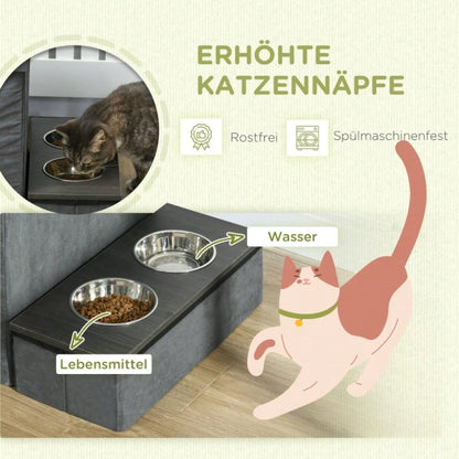PawHut Katzenhaus mit 3 Treppen & 2 Näpfen, Katzenhöhle mit Futterstation, 70x50x51 cm, grau