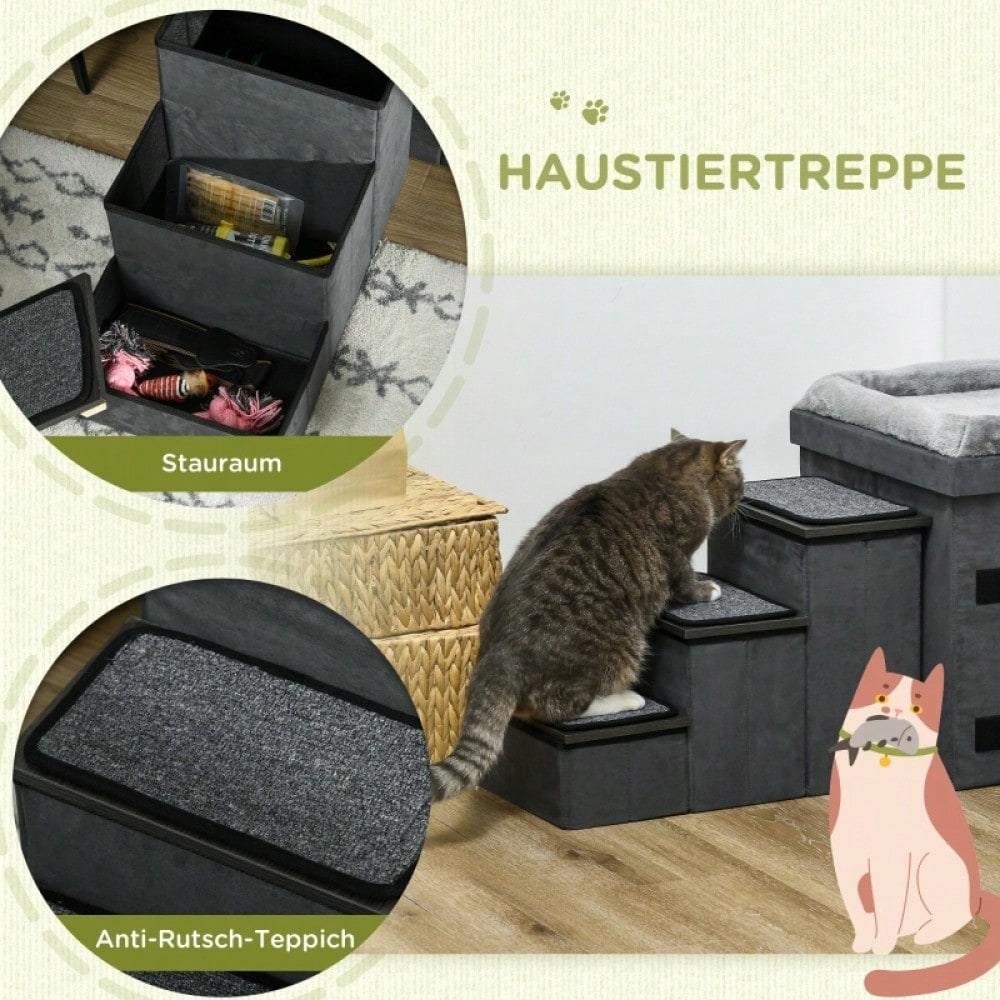 PawHut Katzenhaus mit 3 Treppen & 2 Näpfen, Katzenhöhle mit Futterstation, 70x50x51 cm, grau