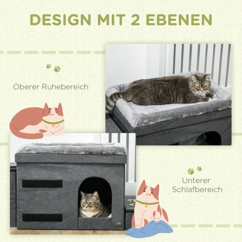 PawHut Katzenhaus mit 3 Treppen & 2 Näpfen, Katzenhöhle mit Futterstation, 70x50x51 cm, grau