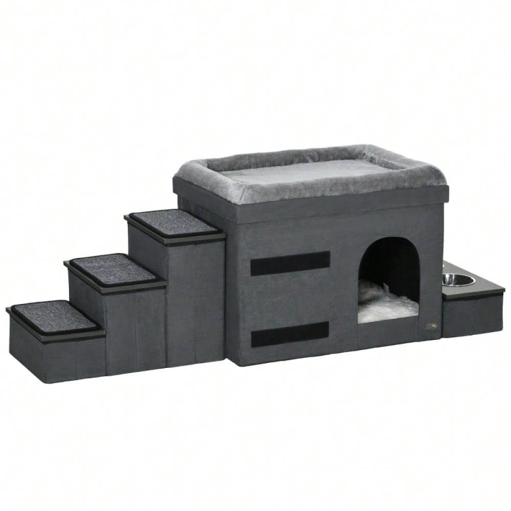 PawHut Katzenhaus mit 3 Treppen & 2 Näpfen, Katzenhöhle mit Futterstation, 70x50x51 cm, grau