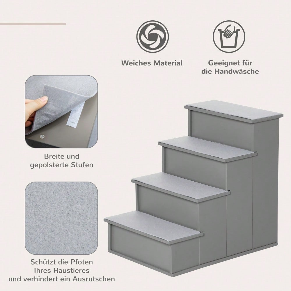 PawHut 4-stufige Hundetreppe & Katzentreppe, rutschfeste Haustiertreppe für Auto, Bett & Sofa, 40x59x54,2 cm, grau