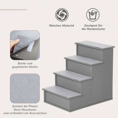 PawHut 4-stufige Hundetreppe & Katzentreppe, rutschfeste Haustiertreppe für Auto, Bett & Sofa, 40x59x54,2 cm, grau