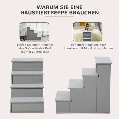 PawHut 4-stufige Hundetreppe & Katzentreppe, rutschfeste Haustiertreppe für Auto, Bett & Sofa, 40x59x54,2 cm, grau
