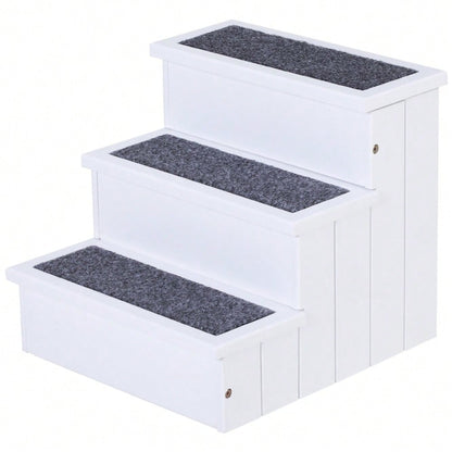 PawHut 3-stufige Haustiertreppe für Sofa & Bett, mit Teppichbezug & Stauraum, für Hunde & Katzen, aus Tannenholz, weiß, 40,5x44,5x38 cm