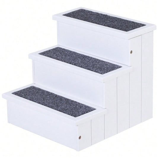 PawHut 3-stufige Haustiertreppe für Sofa & Bett, mit Teppichbezug & Stauraum, für Hunde & Katzen, aus Tannenholz, weiß, 40,5x44,5x38 cm