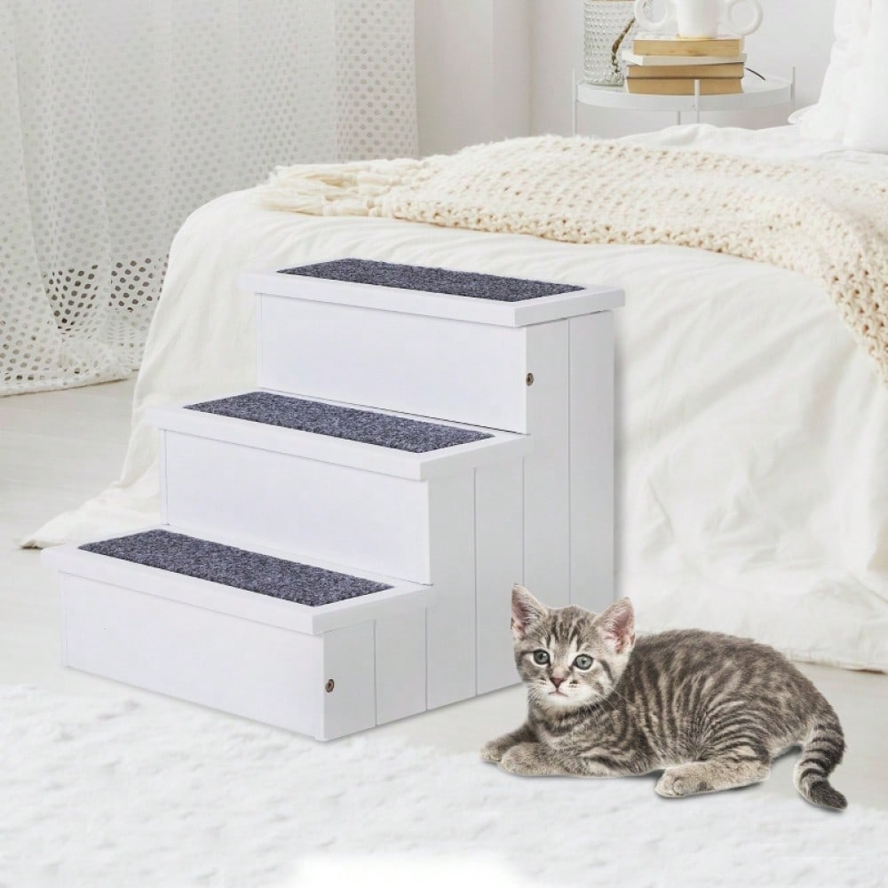 PawHut 3-stufige Haustiertreppe für Sofa & Bett, mit Teppichbezug & Stauraum, für Hunde & Katzen, aus Tannenholz, weiß, 40,5x44,5x38 cm