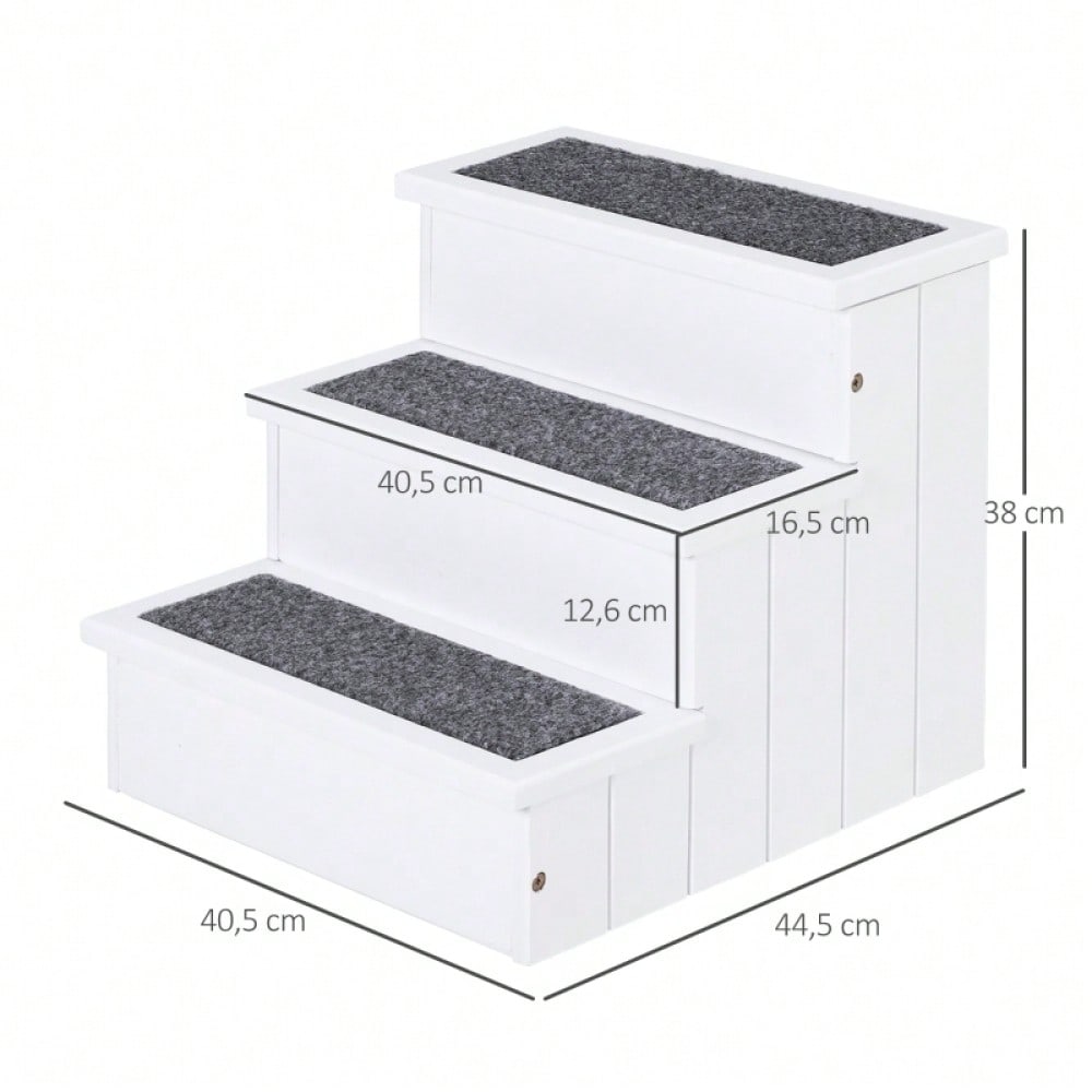 PawHut 3-stufige Haustiertreppe für Sofa & Bett, mit Teppichbezug & Stauraum, für Hunde & Katzen, aus Tannenholz, weiß, 40,5x44,5x38 cm