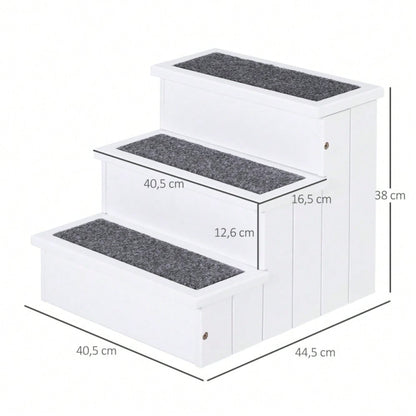 PawHut 3-stufige Haustiertreppe für Sofa & Bett, mit Teppichbezug & Stauraum, für Hunde & Katzen, aus Tannenholz, weiß, 40,5x44,5x38 cm