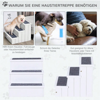 PawHut 3-stufige Haustiertreppe für Sofa & Bett, mit Teppichbezug & Stauraum, für Hunde & Katzen, aus Tannenholz, weiß, 40,5x44,5x38 cm