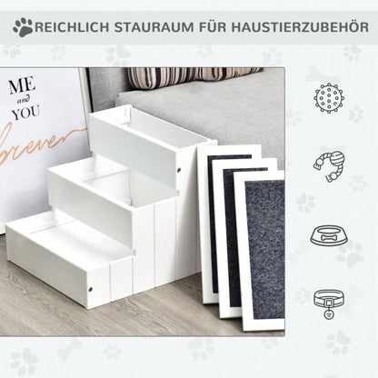PawHut 3-stufige Haustiertreppe für Sofa & Bett, mit Teppichbezug & Stauraum, für Hunde & Katzen, aus Tannenholz, weiß, 40,5x44,5x38 cm