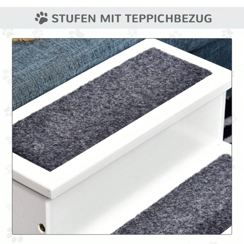 PawHut 3-stufige Haustiertreppe für Sofa & Bett, mit Teppichbezug & Stauraum, für Hunde & Katzen, aus Tannenholz, weiß, 40,5x44,5x38 cm