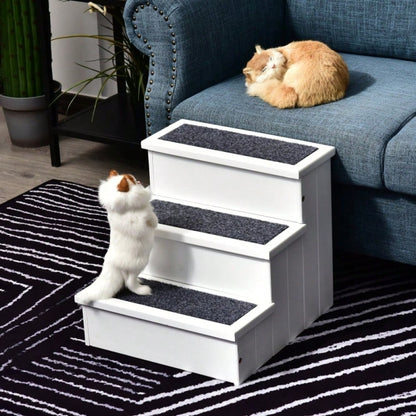 PawHut 3-stufige Haustiertreppe für Sofa & Bett, mit Teppichbezug & Stauraum, für Hunde & Katzen, aus Tannenholz, weiß, 40,5x44,5x38 cm