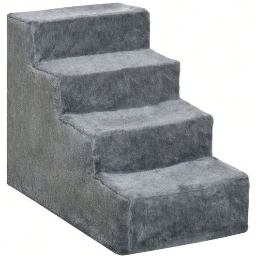 PawHut 4-stufige Haustiertreppe für Bett & Sofa, rutschfeste Hundetreppe & Katzentreppe bis 5 kg, mit Plüschbezug, hellgrau