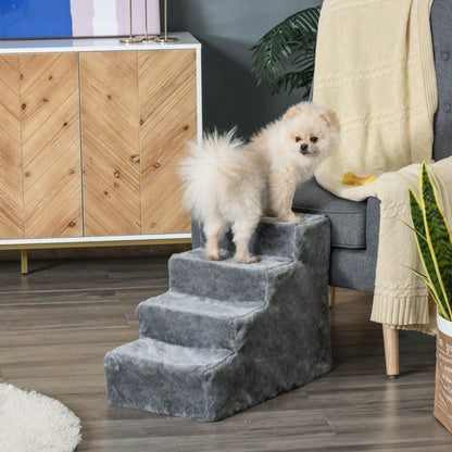 PawHut 4-stufige Haustiertreppe für Bett & Sofa, rutschfeste Hundetreppe & Katzentreppe bis 5 kg, mit Plüschbezug, hellgrau