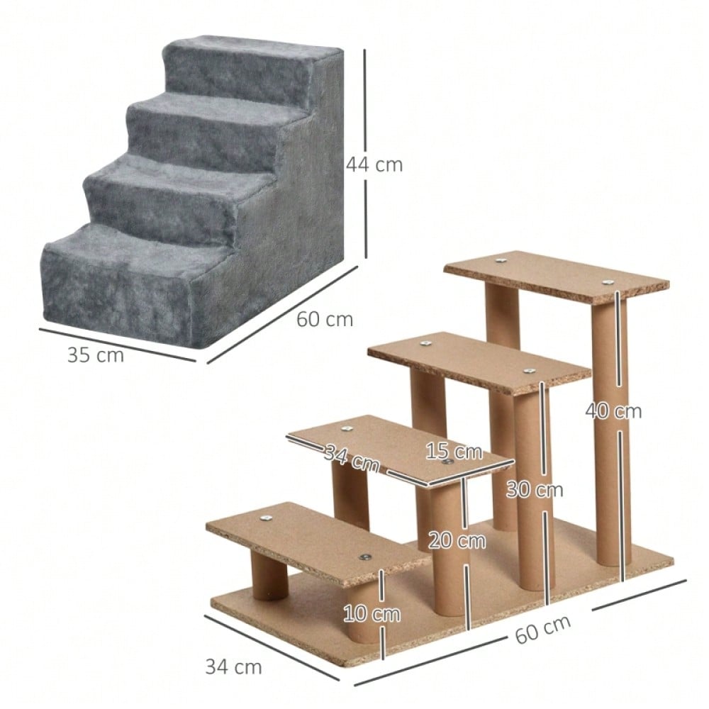 PawHut 4-stufige Haustiertreppe für Bett & Sofa, rutschfeste Hundetreppe & Katzentreppe bis 5 kg, mit Plüschbezug, hellgrau